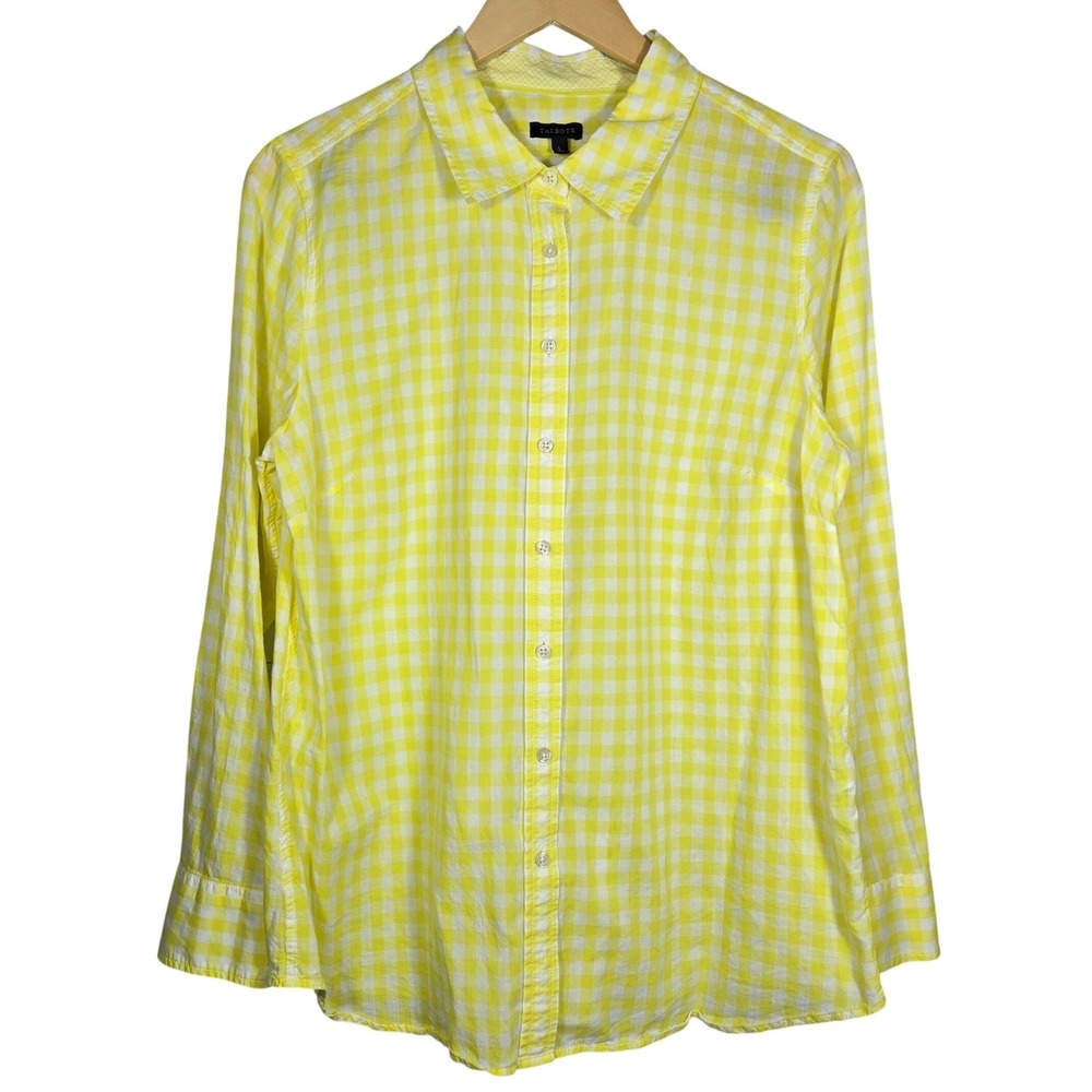 Talbots Womens Large Yellow Gingham Plaid Cotton Button Down Shirt Long Sleeve